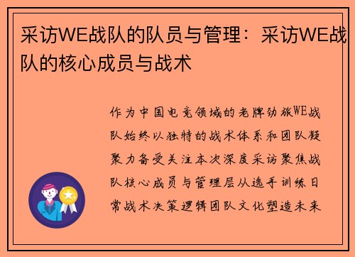 采访WE战队的队员与管理：采访WE战队的核心成员与战术