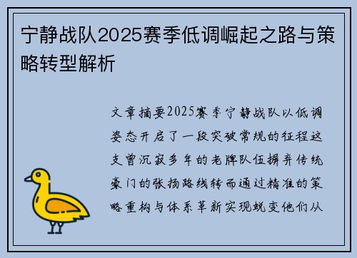 宁静战队2025赛季低调崛起之路与策略转型解析